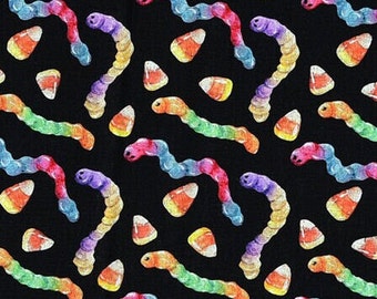 Gummy Worms Candy Corn Halloween 100% Cotton Fabric | Fat Quarter, Half Yard