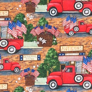 Fabric Remnant 14&quot; Downtown Red Truck Fabric, Antiques Patriotic Flag Cotton Fabric