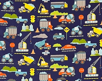 Construction Trucks Blue 100% Cotton Fabric | Fat Quarter, Half Yard