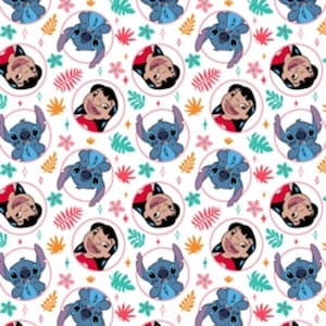 Lilo and Stitch Badges Floral 100% Cotton Fabric | Fat Quarter, Half Yard