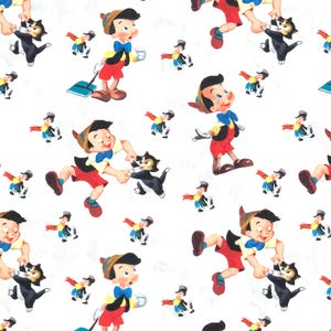May include: White background with a repeating pattern of Pinocchio, Figaro the cat, and Jiminy Cricket. Pinocchio is wearing a yellow shirt, red shorts, and a black vest. Figaro is black, and Jiminy Cricket is in a suit.