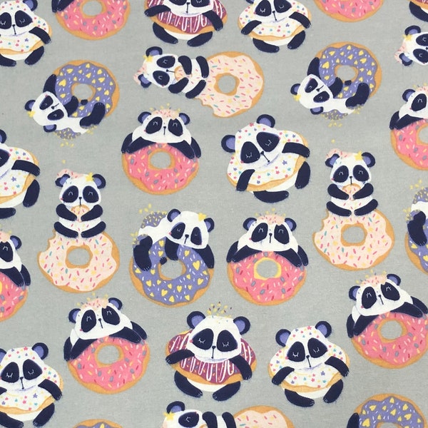 FLANNEL Panda Donuts Fabric By the Half Yard, Fat Quarter, Panda Bears Cotton Fabric, 1/2 Yards are Continuous