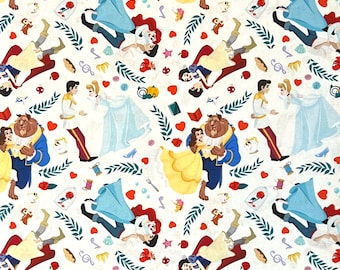 May include: A white background with a repeating pattern of Disney princesses and princes. The pattern includes Belle and the Beast, Cinderella, Snow White, and Ariel. The background is filled with hearts, flowers, and other romantic details.