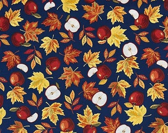 Fall Leaves Apple Slices on Navy 100% Cotton Fabric | Fat Quarter, Half Yard