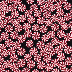 Noel Peppermints Black Christmas 100% Cotton Fabric | Fat Quarter, Half Yard