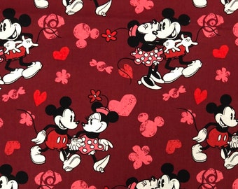 Mickey Minnie Love Fabric By Half Yard, Fat Quarter, Mickey Mouse Disney Valentine’s Day Cotton Fabric By Fat Quarter or 1/2 Yard