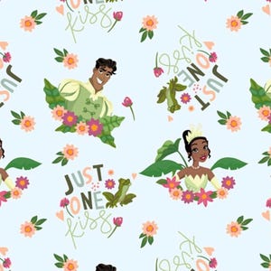 Princess Tiana and Naveen Just One Kiss 100% Cotton Fabric | Fat Quarter, Half Yard