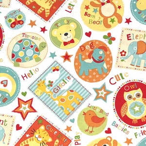 Animals Friends Nursery Fabric By Half Yard, Fat Quarter, Giraffe Tigers Owl Turtle Cotton Fabric