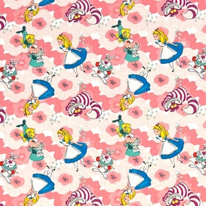 Alice Characters Fabric By Half Yard, Fat Quarter, Alice in Wonderland Cheshire Cat Cotton Fabric, 1/2 Yards are Continuous