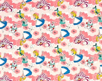 May include: A pink and white patterned fabric featuring repeating images of Alice in Wonderland characters. The characters include Alice, the Cheshire Cat, and the White Rabbit. The fabric is ideal for crafting projects, such as quilting, sewing, and scrapbooking.