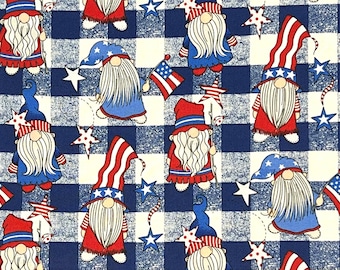 Patriotic Gnomes American Flag Plaid 100% Cotton Fabric | Fat Quarter, Half Yard
