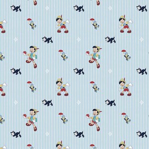 May include: Blue and white striped fabric with a repeating pattern of a boy holding an apple, a cat, and an umbrella. The boy is wearing a red hat and a blue shirt. The cat is black and white. The umbrella is red.