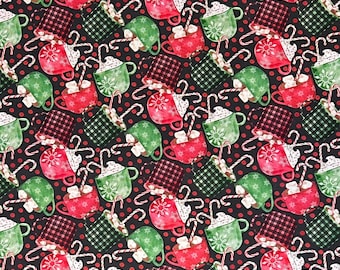 Hot Cocoa Mugs & Candy Canes Christmas 100% Cotton Fabric | Fat Quarter, Half Yard