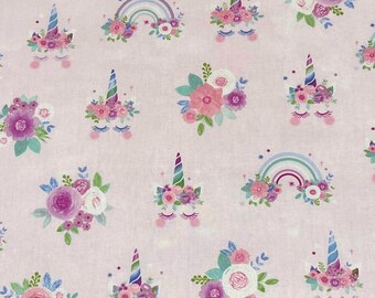 Unicorns & Florals Rainbows on Light Pink 100% Cotton Fabric | Fat Quarter, Half Yard