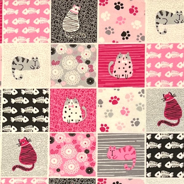 FLANNEL Cat Block Fabric By Half Yard, Fat Quarter, Kitten Fish Floral Cat Paw Print Cotton Fabric, 1/2 Yards are Continuous