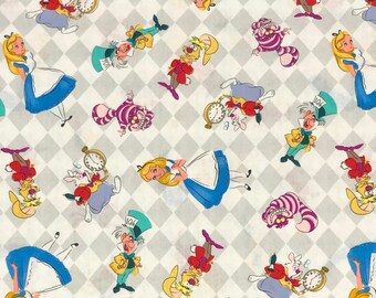 Alice Friends Fabric By Half Yard, Fat Quarter, Alice in Wonderland Allover Cotton Fabric, 1/2 Yards are Continuous