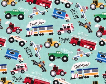 Cars Trains Fabric By Half Yard, Fat Quarter, END Of BOLT, Beep Honk Vroom Firetruck Police Tractor Cotton Fabric, 1/2 Yards are Continuous