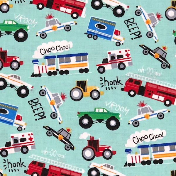 Cars Trains Fabric By Half Yard, Fat Quarter, END Of BOLT, Beep Honk Vroom Firetruck Police Tractor Cotton Fabric, 1/2 Yards are Continuous