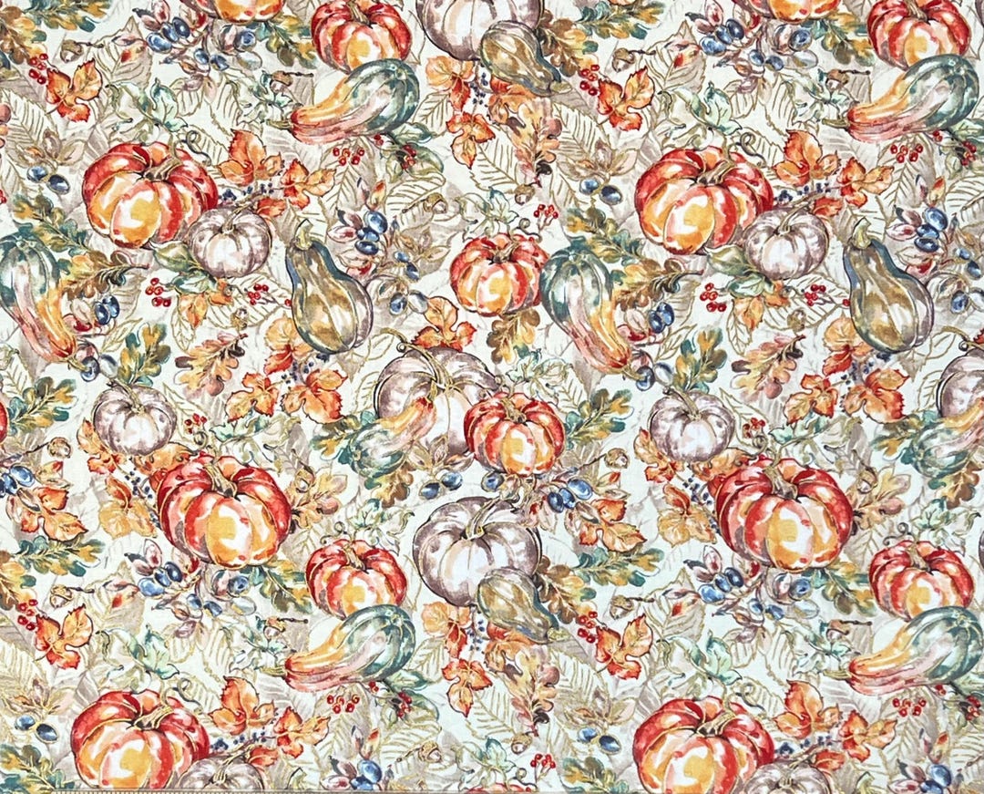 Pumpkins Gourds & Fall Leaves Metallic Gold 100% Cotton Fabric | Fat ...