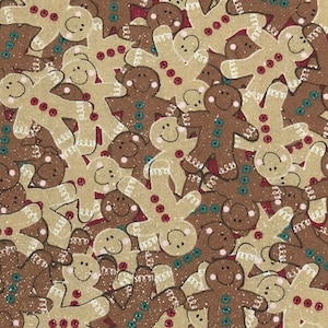 Gingerbread Men Glitter Fabric By Half Yard, Fat Quarter, Christmas Cotton Fabric