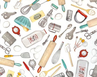 Kiss the Cook Kitchen Utensils 100% Cotton Fabric | Fat Quarter, Half Yard