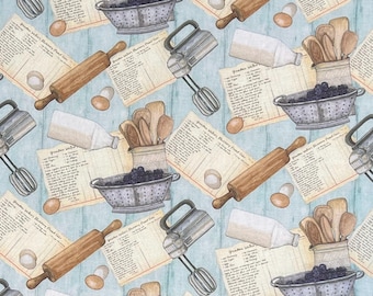 May include: A repeating pattern featuring baking-themed illustrations. The design includes wooden rolling pins, hand mixers, recipe cards, eggs, milk bottles, colanders filled with berries, and wooden spoons, all set against a light blue, wood-grain background.