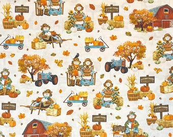 Fall Farm Pumpkin Patch & Scarecrows 100% Cotton Fabric | Fat Quarter, Half Yard