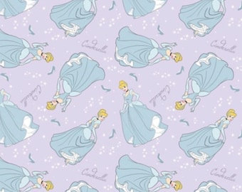 May include: A seamless pattern featuring Cinderella in her iconic blue ball gown. The background is a light purple with a scattered pattern of white stars. The text "Cinderella" is repeated throughout the pattern.