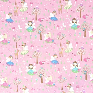 May include: Pink fabric featuring a repeating pattern of fairies, deer, foxes, owls, mushrooms, and trees. The fairies wear colorful dresses and have white wings. The overall design is whimsical and suitable for children's projects.