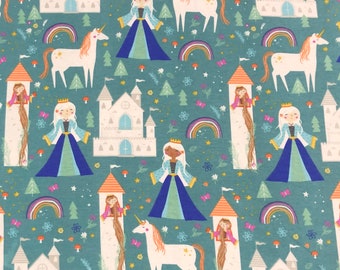 FLANNEL Princess and Unicorns Fabric By Half Yard, Fat Quarter, Castles Rainbows Cotton Fabric, 1/2 Yards are Continuous