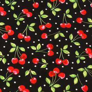 Red Cherries Fabric By Half Yard, Fat Quarter, Cherries White Dots Fruit Cotton Fabric, 1/2 Yards are Continuous