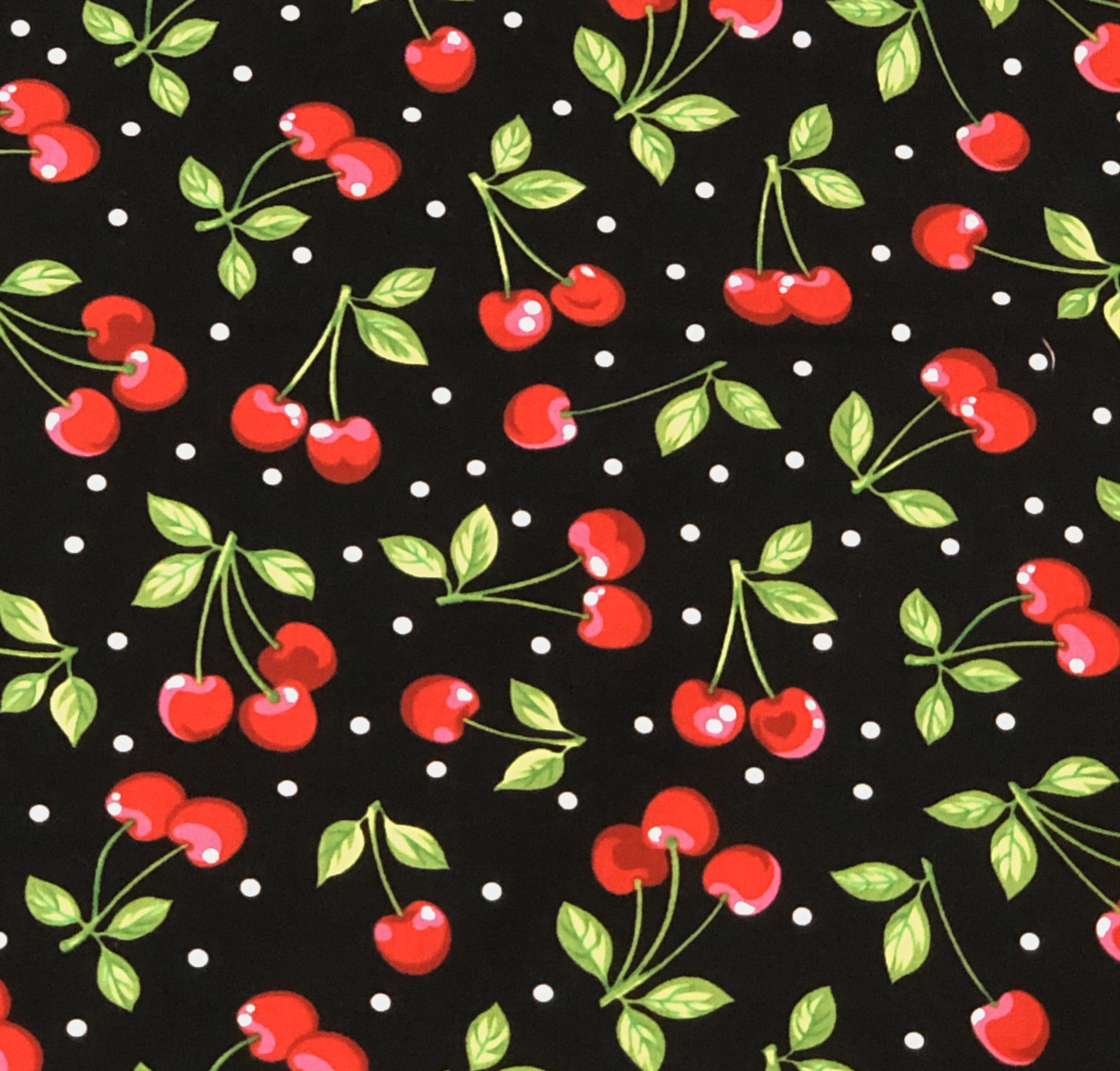 Red Cherries Fabric By Half Yard, Fat Quarter, Cherries White Dots Fruit Cotton Fabric, 1/2 Yards are Continuous
