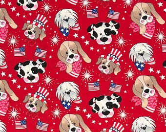 May include: Red fabric with a repeating pattern of dogs wearing patriotic hats, bandanas, and American flags. The dogs are in various breeds and poses, including a dalmatian, a beagle, and a poodle.
