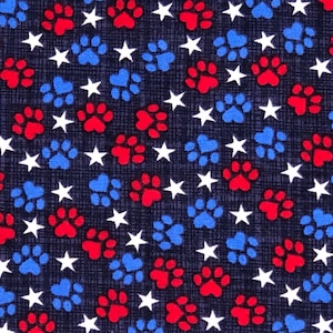 Dog Paw Print Stars Fabric By Half Yard, Fat Quarter, Puppy Patriotic Cotton Fabric