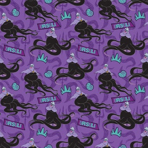 Ursula Sea Witch Fabric By Half Yard, Fat Quarter, Disney Little Mermaid Villain Cotton Fabric, 1/2 Yards are Continuous