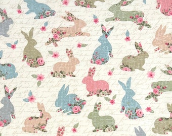 Bunnies With Roses Words Fabric END Of BOLT, By Half Yard, Fat Quarter, Easter Bunny Floral Cotton Fabric, 1/2 Yards are Continuous