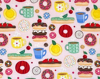 Donuts & Coffee Strawberries Pastries 100% Cotton Fabric | Fat Quarter, Half Yard