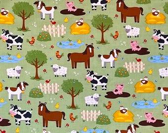 May include: A repeating pattern featuring farm animals like cows, horses, sheep, and pigs on a light green background. The design includes trees, hay bales, ponds, and white picket fences, creating a cheerful, pastoral scene.