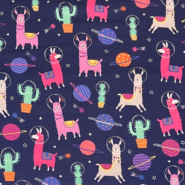 FLANNEL Llamas in Space Fabric By Half Yard, Fat Quarter, Llamas Planets Cactus Cotton Fabric, 1/2 Yards are Continuous