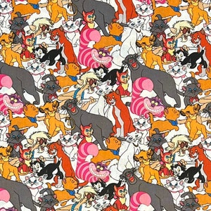Multi Cats Packed Simba Marie Figaro 100% Cotton Fabric | Fat Quarter, Half Yard