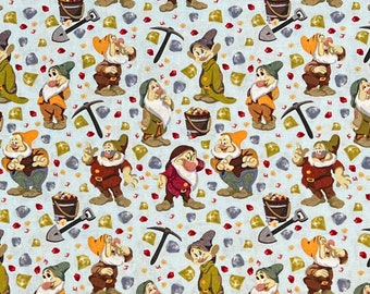 Snow White Dwarf Friends Fabric By Half Yard, Fat Quarter, Seven Dwarves Cotton Fabric, 1/2 Yards are Continuous