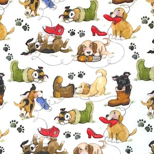 May include: A repeating pattern of playful cartoon dogs with shoes, boots, and paw prints on a white background. The dogs are in various poses, some holding shoes, others in boots, and some playing with the shoes. The color palette includes brown, tan, black, red, green, and blue.
