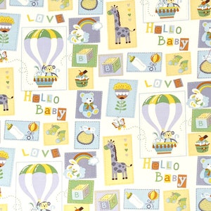 Hello Baby Nursery Fabric By Half Yard, Fat Quarter, Baby Animals Cotton Fabric, 1/2 Yards are Continuous