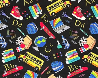 Back to School Supply Tools Bus 100% Cotton Fabric | Fat Quarter, Half Yard