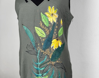Hand painted linen dress, upcycled Franco Callegari, green linen vintage dress, sustainable fashion