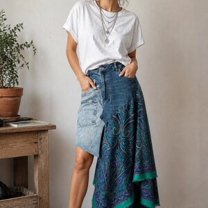 Upcycled Denim Patchwork Skirt with Paisley Scarf Asymmetrical Boho Skirt Sustainable Fashion  One of a Kind  Festival Outfit