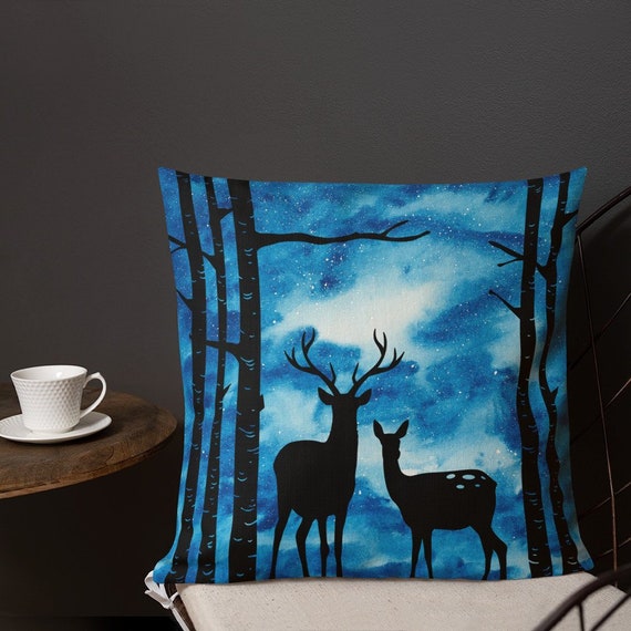 Starry Night Sky With Deer and Trees Silhouette Premium Pillow | Etsy