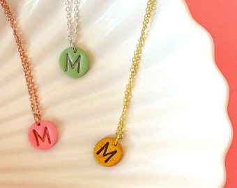 Initial necklace letter monogram jewelry alphabet circle Custom Disc pendant Coin Necklace Clay medallion mothers day unique clay jewelry