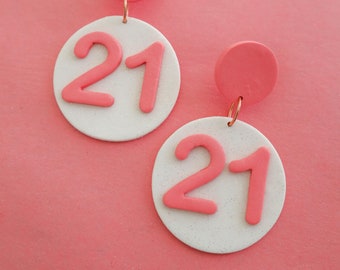 READY TO SHIP Birthday Gift Earring Twenty One Number Earring Handmade Jewelry Clay Coral Pink Earrings Birthday Jewelry Gifts Coral Earring