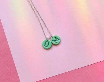 Two Initial Charm Necklace Double Charm Initial Necklace 2 Charm Initial Necklace Disc Initial Necklace Handmade Clay Charm Necklace her